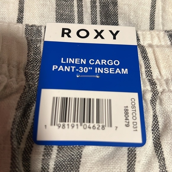 New Roxy Women's Linen Blend Cargo Pant white strips lightweight - Picture 6 of 7